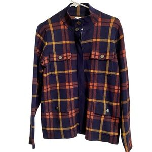 Joie Navy Plaid Lightweight Shirt Jacket with Orange and Gold Checks